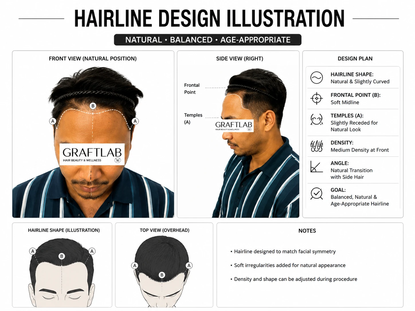 Close-up illustration of a designed male hairline showing a soft, irregular front edge.
