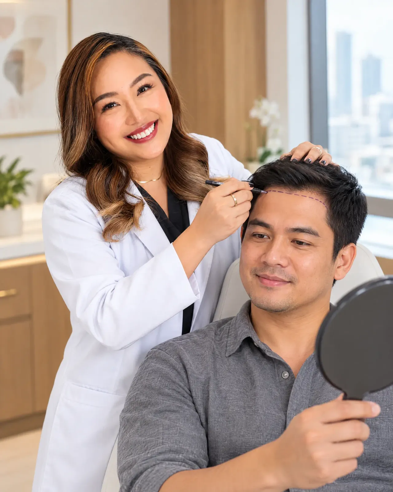 Dr. Queenie Santiago-Villadore planning a natural hairline with a male patient