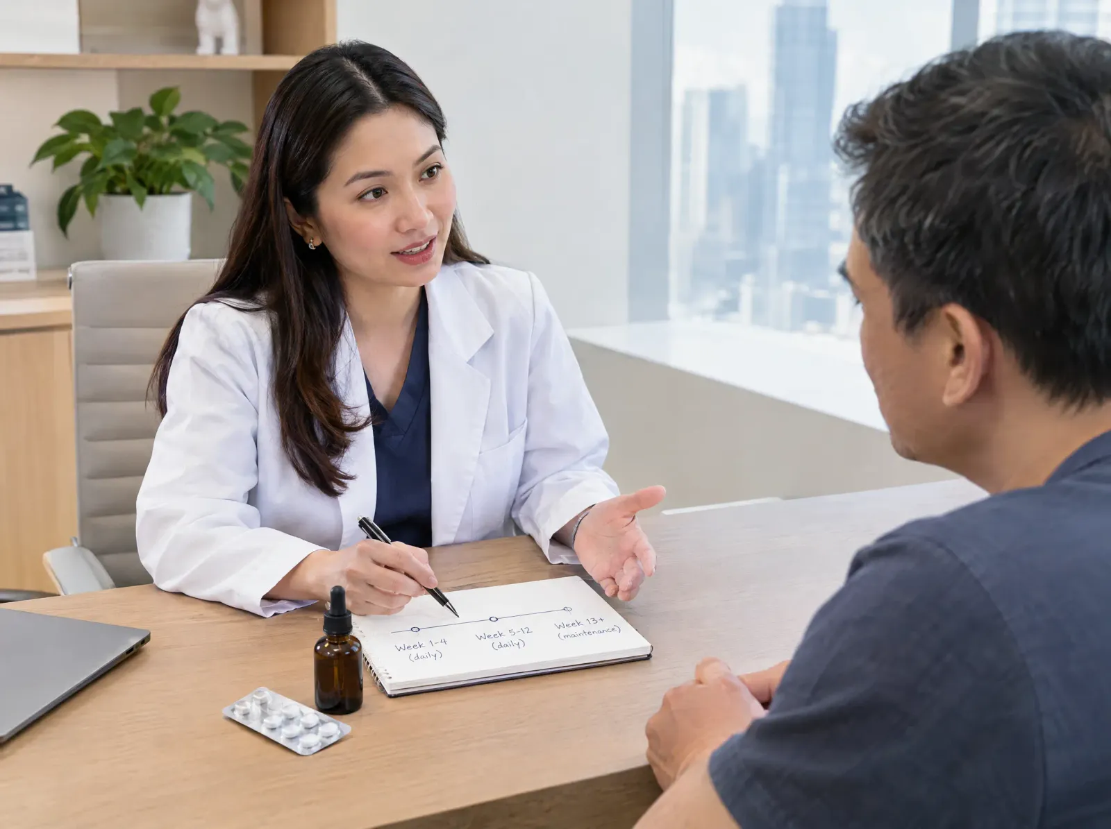A doctor explaining a daily hair-loss medication plan to a patient