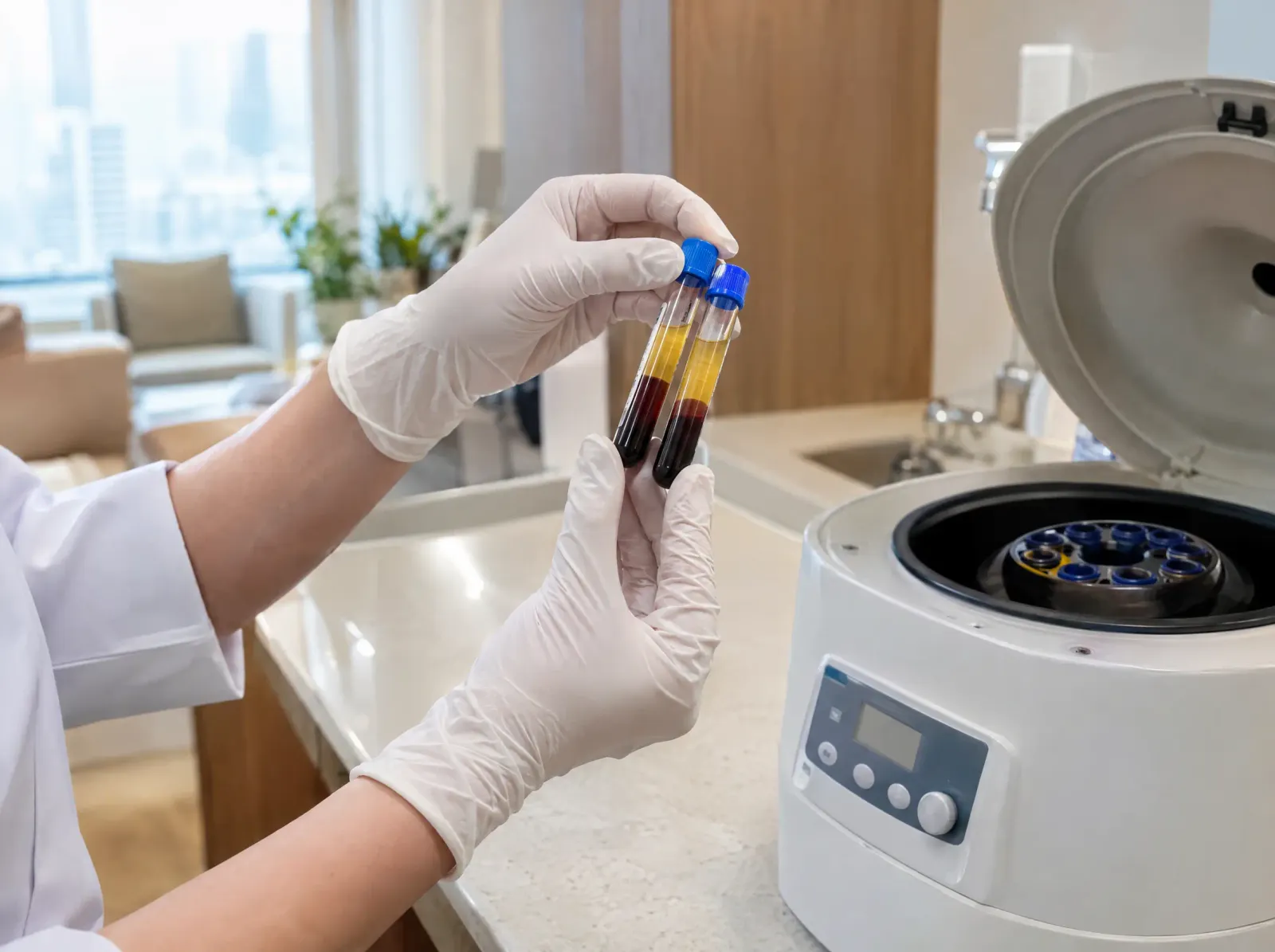 Centrifuged blood tubes separated into platelet-rich plasma